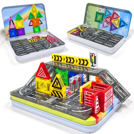 32/64/58PCS Magnetic Road Construction Set Toys For Kids Gift Magnetic Building Blocks Montessori Educational Toys With Iron Box