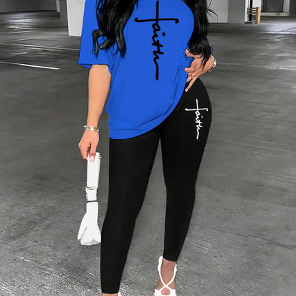 Women's Sports Outfit Set, Plus Size Abstract Figure Print long Sleeve T-shirt Top & Medium Stretch Comfy Pants Fitness Outfit