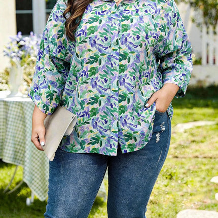 Plus Size Women's Color Leaf Print Shirt Waist-Tie Collared 3/4 Sleeve Loose