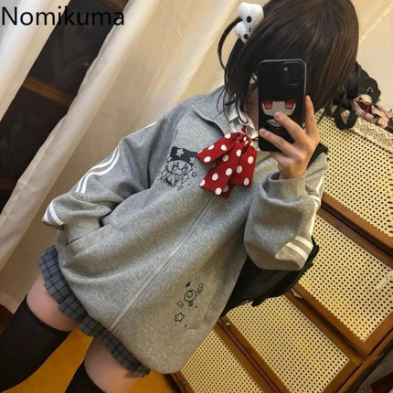 Black Cute Sweatshirts Coat 2025 Women's Clothing Stand Neck Zipper Jackets Y2k Tops Fashion Casual Anime Hoodies Ropa Mujer