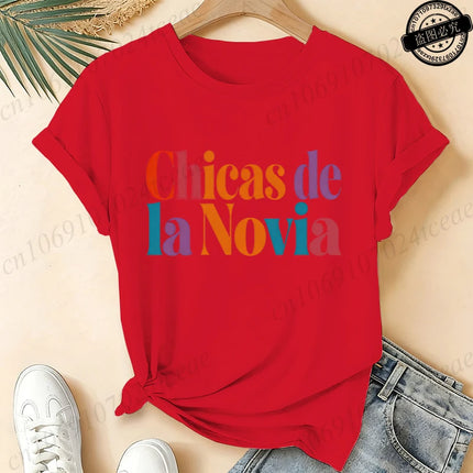 Women's Casual Short Sleeve T-Shirt Spanish Girl Bachelorette Party Graphic T-Shirts- Black White, Medium Stretch Round Neck
