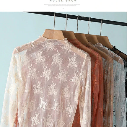 Trendy Sexy Women Mesh T-Shirts Transparent Lace Blouse Long Sleeve See Through Tops for Women O Neck Sheer Tees Body Crop Top