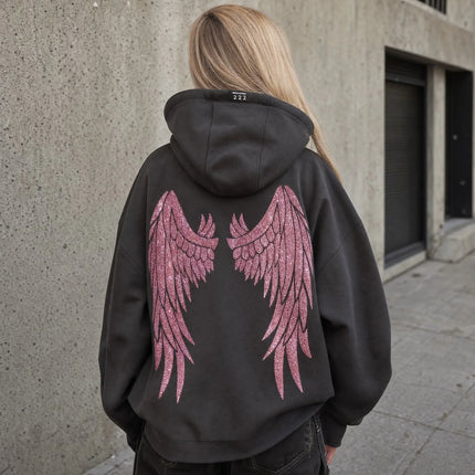 Black Oversized Hoodie Women Pink Sequin Angel Wings Back Graphic Heavy Glitter Sparkly Detail  Casual Fashion Pullover Jacket