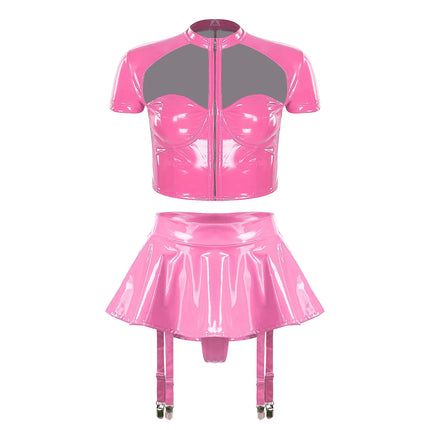 Womens Wet Look PU Leather Lingerie Set Push-up Underwire Cutout Short Sleeve Crop Top with Built-in Thongs Miniskirt Clubwear
