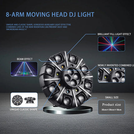 150W 8-Arm Moving Head DJ Light Remote Control Mini LED Beam Effect Light DMX512 Rotating Disco Party Stage Equipment For Club