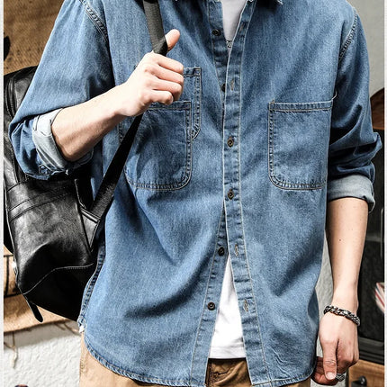 Retro American Style Long Sleeve Denim Workwear Shirt Jacket Men's Fashion Versatile Spring Outerwear Classic Look