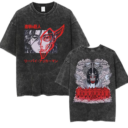 Anime Attack on Titan Vintage Washed Print T-shirt Mikasa Ackerman Eren Jaeger Wings of Freedom Logo Mens Summer Cotton T-shirts