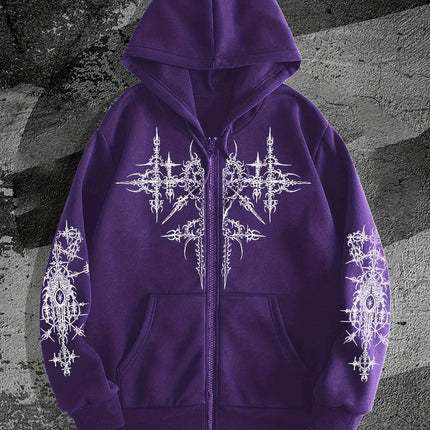 Unisex Gothic Dark Print Zip-Up Hoodie Trendy Streetwear Casual Everyday Fashion Unisex Style Holiday Gift
