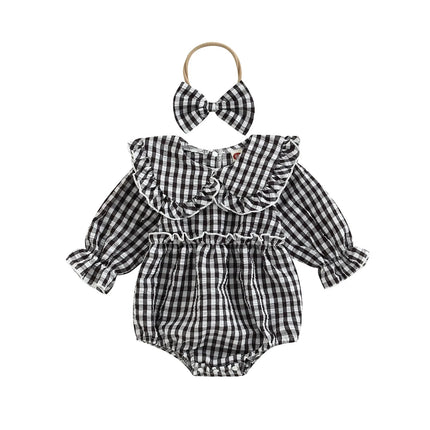 2Pcs Infant Baby Girl Spring Autumn Outfit, Plaid Doll Collar Long Sleeve Ruffle Romper + Hairband Set for Infants, 0-18 Months