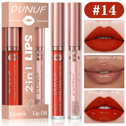 DUNUF Lip Gloss And Lip Oil Set 2-Piece Long-Lasting Waterproof Matte Moisturizing Non-Fading Lipstick Collection