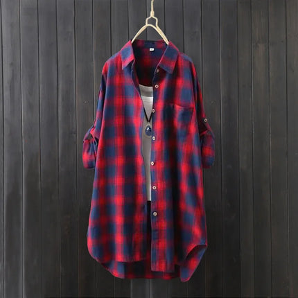 Long-sleeved shirt jacket for women retro large size loose butt-covering long cotton and linen top with plaid shirt