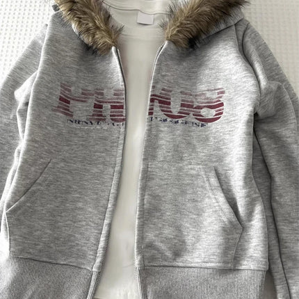 Women American Vintage Letter Print Jacket Antumn Winter Y2K Harajuku Faux Fur Hooede Hoodie Sweet Fashion Hot Girl Sweatshirt