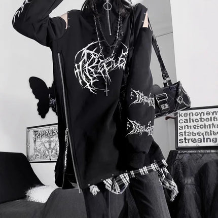 Two-Dimensional Dark Print Subculture Punk Long-Sleeved Loose Bf Style Off-Shoulder Sweatshirt with Zipper Design for Spring
