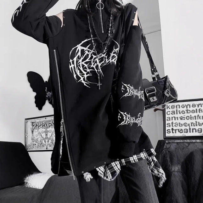Two-Dimensional Dark Print Subculture Punk Long-Sleeved Loose Bf Style Off-Shoulder Sweatshirt with Zipper Design for Spring