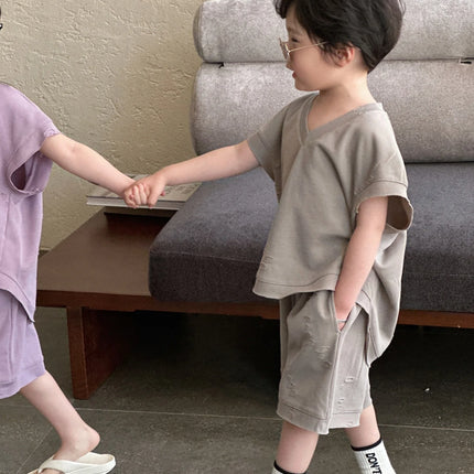RAISE Summer Brother Sister Clothes Muslin Hollow V-collar Kids Boy Short Sleeve Top Suit Loose Solid Straight Shorts Tracksuits
