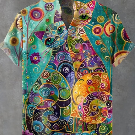 New Men's Casual Short Sleeved Lapel Shirt with 3D Cat Print Fashion Pattern and Comfortable Shirt Top