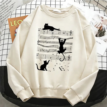 Japanese Style Music Cat Womens Solid Hoodies Basic Warm Fleece Sweatshirt Soft Streetwear O-Neck Pullover Casual Female Clothes