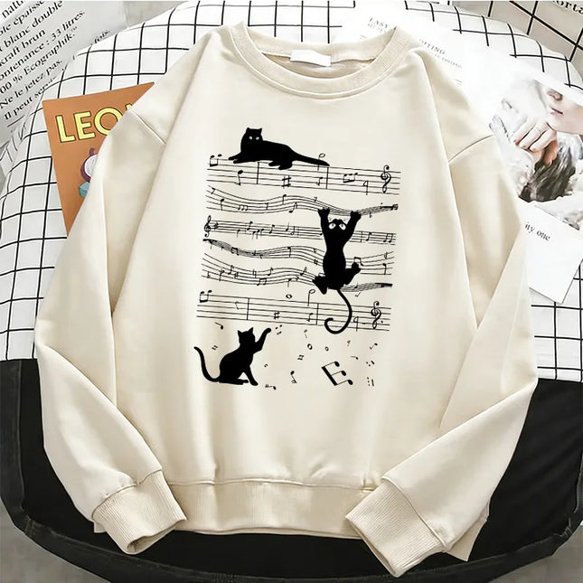 Japanese Style Music Cat Womens Solid Hoodies Basic Warm Fleece Sweatshirt Soft Streetwear O-Neck Pullover Casual Female Clothes