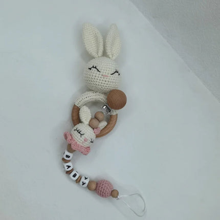 Baby Rattle Crochet Bear Teether Rattle With Bells Pacifier Chain Newborn Montessori Educational Toy Wooden Rings Baby Toys