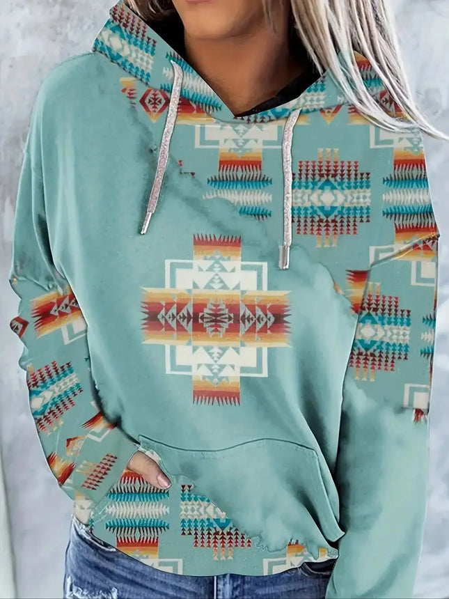 Women's casual fashion round neck pullover hoodie Western ethnic style retro print women's top hoodie