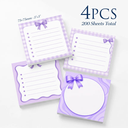 4Pcs Purple Bow Sticky Notes 3x3 Inch, 200 Sheets Cute Checklist Self Stick Memo Pads, Lined Square Notepad with Removable