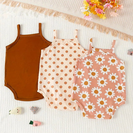 3Pairs/Lot Summer Baby Girl Newborn Baby Sling Onesie 3 Pieces Cute Polka Dot Flower Pattern Cool Breathable Comfortable Onesie