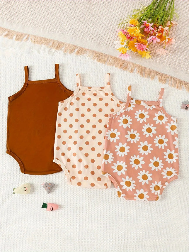 3 Pairs/Lot Summer Newborn Baby Girl Sling Onesie 3 Pieces Cute Polka Dot Flower Pattern Cool Breathable Comfortable Onesie