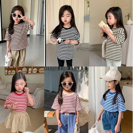 100% Cotton Fashion Baby Tshirt Summer Children's Boys Short-sleeved Stripe T-shirt Kids Boy Girl Top