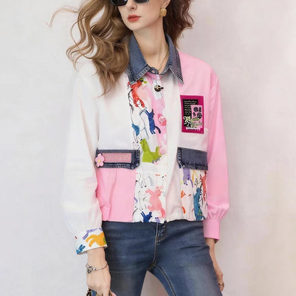 Women Cropped Shirt Denim Patchwork Printed Blouse Loose Fit Casual Spring Fall Shirt Top