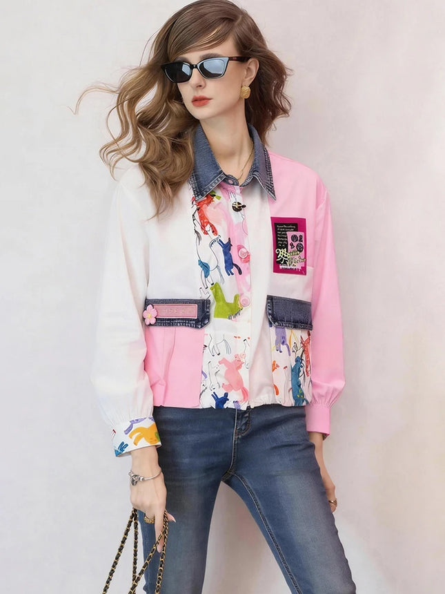 Women Cropped Shirt Denim Patchwork Printed Blouse Loose Fit Casual Spring Fall Shirt Top