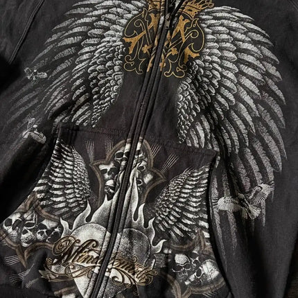 Y2K Harajuku Affliction Hoodie Retro Wing Pattern Printing Oversize Zipper Coat Men Women Hip Hop Personality Casual Sweatshirt