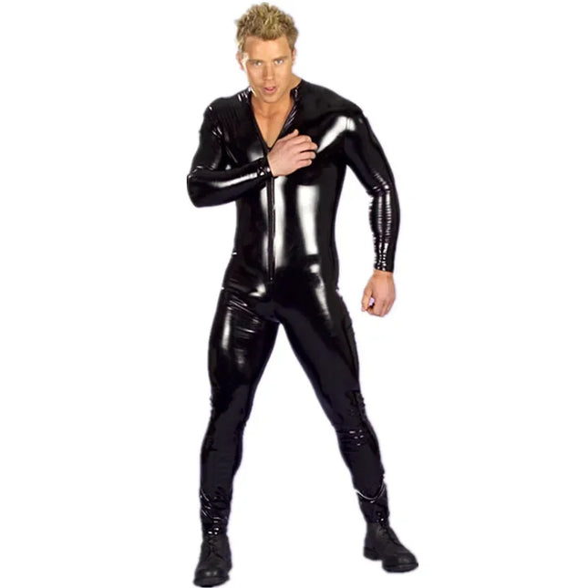 Oversized S-4XL Sexy Lingerie Men's Catsuit Faux Leather Front Zipper Crotch Bodysuit Gay Fetish Costumes Erotic Lingerie Jumpsuit