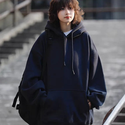 Retro Japanese Style Heavyweight Solid Color Hoodie Unisex Autumn Winter Casual Loose Warm Couple Inner Wear Top Coat