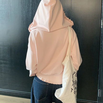 Korean Pink Zipper Hooded Sweatshirt for Women's Cute Outerwear Cardigan with Ruffle Edge Long Sleeved Top Loose Hoodie