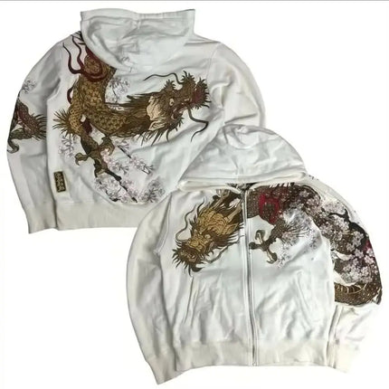 Trendy retro zipper hoodie Y2K men and women hip hop embroidery casual loose hoodie jacket cherry blossom dragon pattern