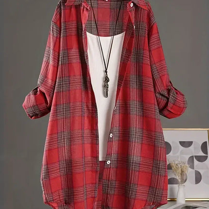 Plus Size Korean Style Plaid Blouses Medium Long Casual Style Shirt Loose Women All Match Long Sleeved Shirts Sunscreen Blouses
