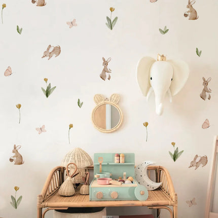 Summertime Watercolor  Cute Bunnies and Flowers Nursery Wall Decal, Peel and Stick  Reusable and Removable Kids Wall Stickers