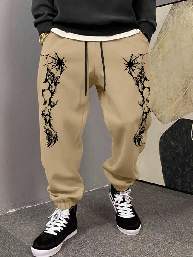 Men's Gothic Dual Side Spider Web Thorn Abstract Print Sweatpants Elastic Waist Soft Dark Punk Street Hip Hop Joggers