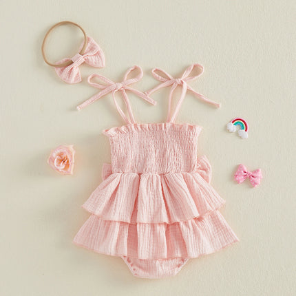 0-18M Newborn Baby Girl Summer Romper Dress Tie-up Sleeveless RBodysuit with Bowknot Hairband 2pcs Sets Casual Clothes