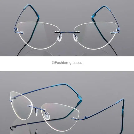 1.61 index Lens Frameless Cat Eye Myopia Eyeglasses Ultralight Rimless Blue Light Blocking Prescription Glasses -0.5 -0.75 to -6