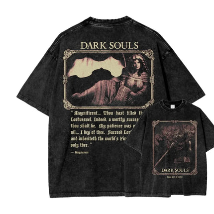Bestselling Dark Souls Washed T-Shirt Soft Loose Unisex Couple Style Personalized Street Fashion Apparel for Anime Lovers