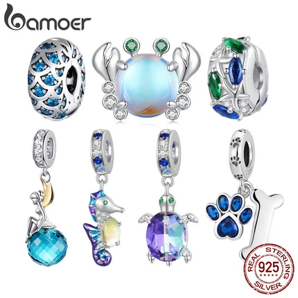 BAMOER 925 Sterling Silver Dreamy Ocean Series Dazzling Crab Beads Seahorse Pendant Charms for Women Bracelet and Necklace DIY