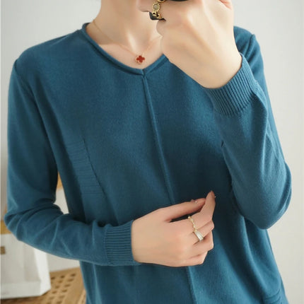 2023 Autumn/Winter Women's New Pullover Casual Solid 100% Cotton Knitted V-Neck Loose Sweater Fashion Soft Breathable Top