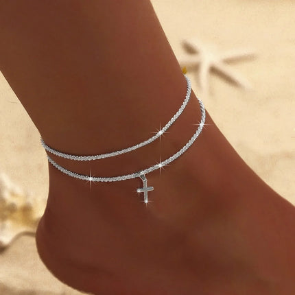 Shiny Sparkling Simple Anklet for Women Cross Pendant Silver Color Elegant Jewelry Female Beach Ankle Bracelet on Foot Gifts