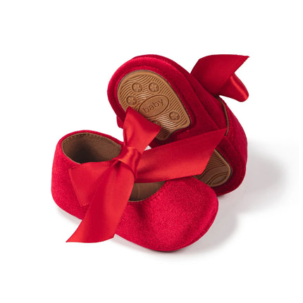 Newborn Baby Girls Dress Shoes Bowknot Ribbon Princess Infant Toddler Rubber Non-slip Flat First Walkers Crib Shoes Mary Jane