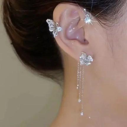 Clip Earrings Silver Color Metal Butterfly Ear Clip Without Piercing for Women Sparkling Zircon Ear Cuff Wedding Fashion Jewelry