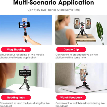 360° Rotatable Dual Cell Phone Holder Clip Clamp 4 Cold Shoe, 1/4'' Screw Tripod Monopod Selfie Stick Vlog Live Streaming Video