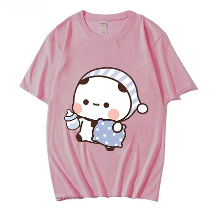 Couple T-shirt Cute BuBu Panda Going to Sleep with DuDu Bear Graphic T-shirt Women Clothes Sleeve Tops Women's Clothing