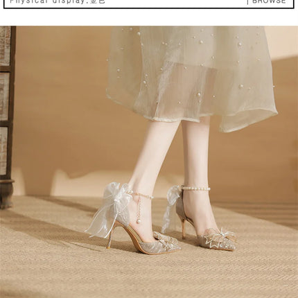 Spring Pointed Toe Party Wedding Shoes for Women, Bride Bow Thick Heel Silver Sequin Fairy Lolita Style Single Shoes