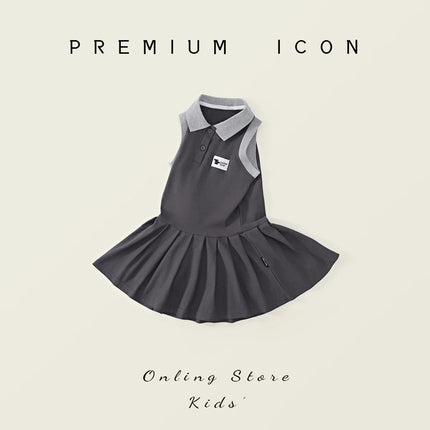 Summer Kids Brother Sister Look Turn Down Collar Kid Girl Pleated Sleeveless Dress Muslin Spliced Raglan Sleeve Top Shorts Suits
